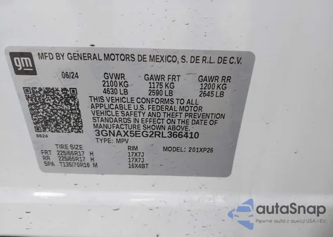 2024 Chevrolet Equinox Awd 1Fl z USA, uszkodzony, nr VIN 3GNAX5EG2RL366410